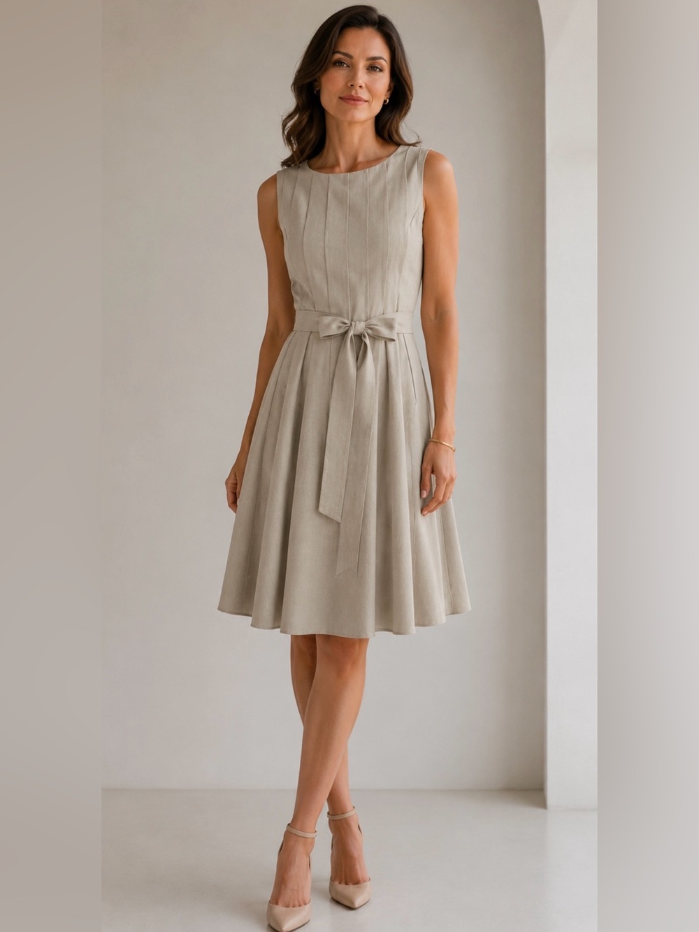 Elegant Calvin Klein Sleeveless Pleated Women’s Dress in Light Beige -New